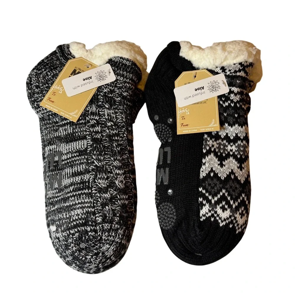 Muk Luks Cabin Socks Black Aloe Infused Pieced Shortie Slipper Socks S/M Women